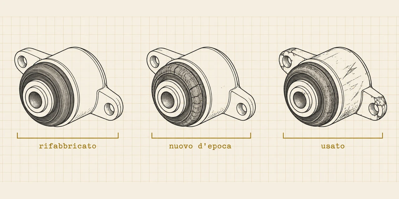 Lo stesso componente disegnato tre volte, integro, con la guarnizione screpolata e infine rigato agli attacchi, sotto le diciture rifabbricato, nuovo d'epoca e usato