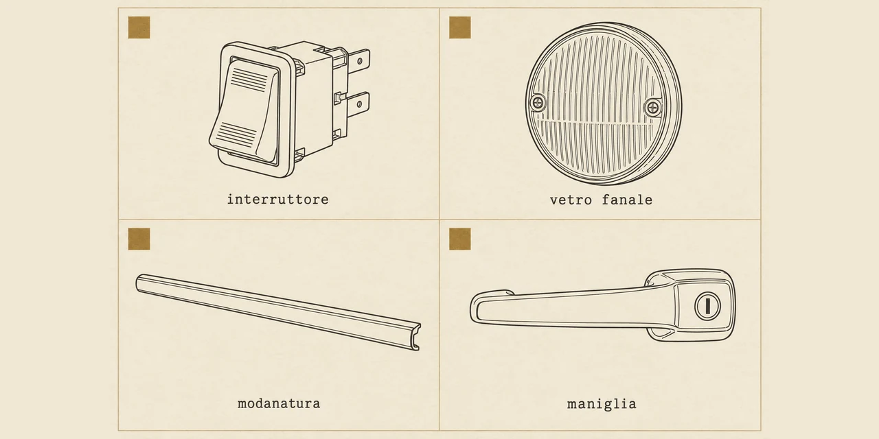Quattro componenti disegnati ciascuno nella propria cella: interruttore, vetro fanale, modanatura e maniglia