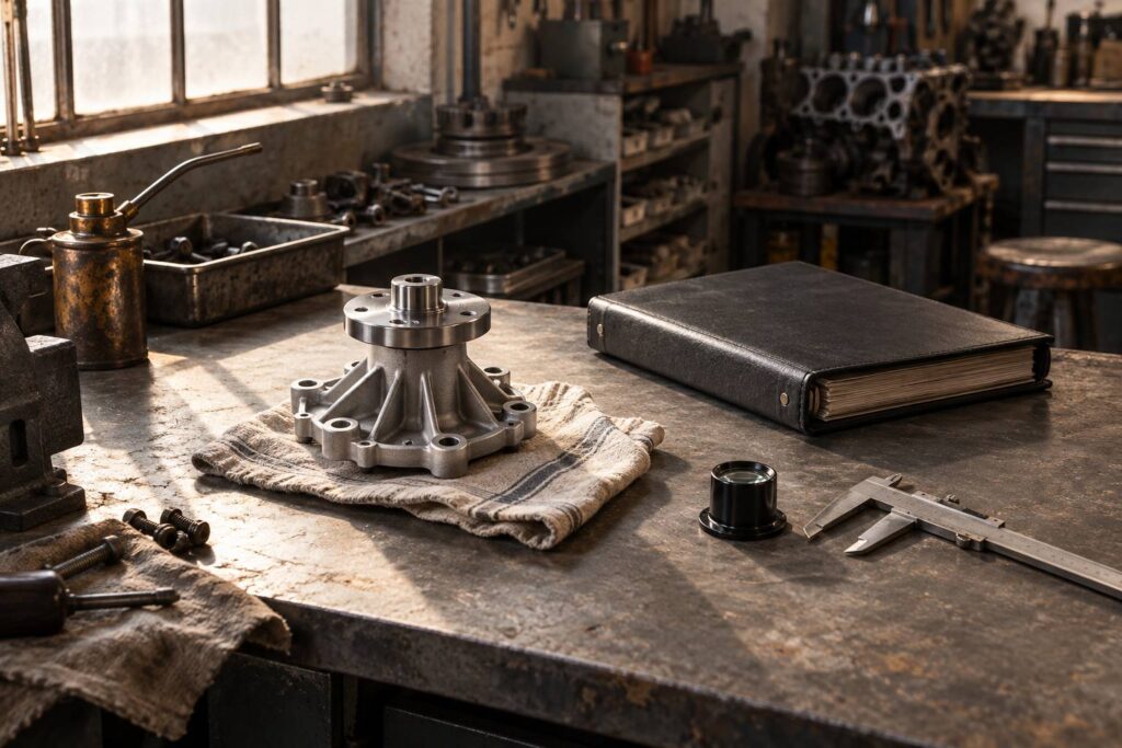 Piece mecanique neuve et pied a coulisse sur un etabli d'atelier automobile