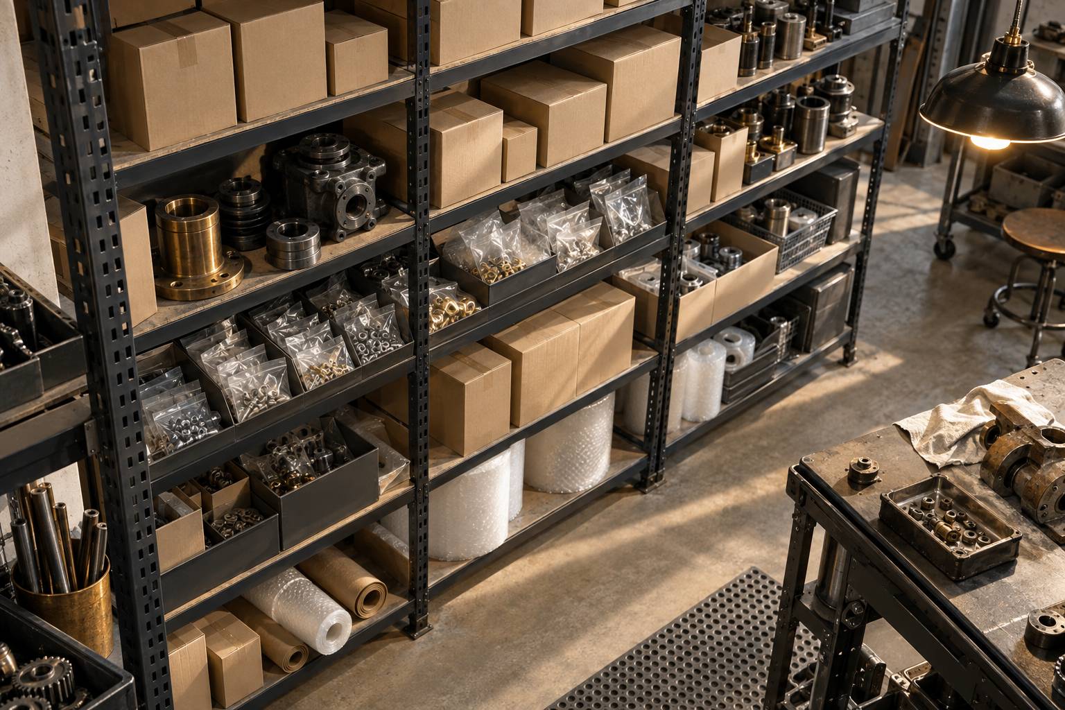 Boites sans inscription et petites pieces rangees sur une etagere de magasin
