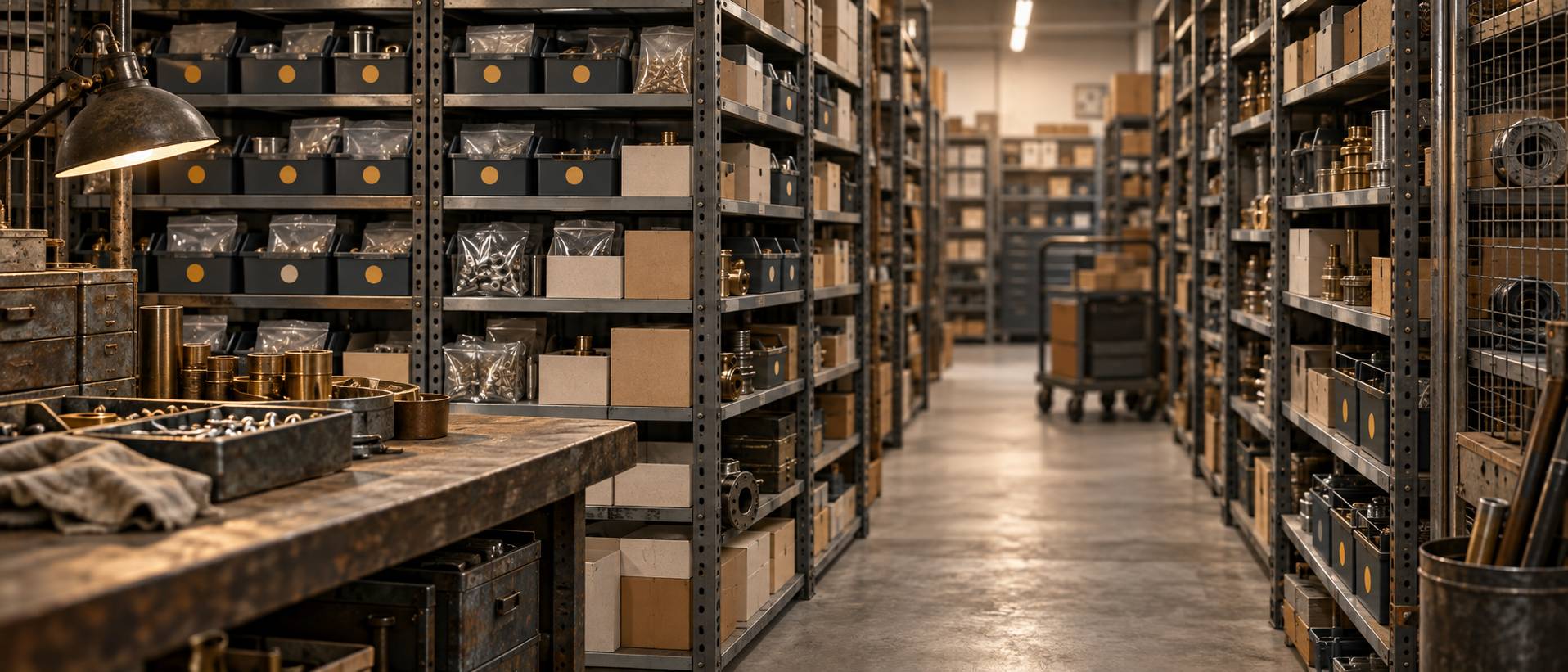 Rayonnages de magasin de pièces avec bacs et sachets de visserie