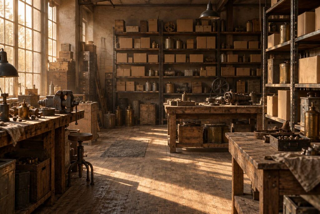 Atelier de pieces detachees anciennes avec etageres et etabli