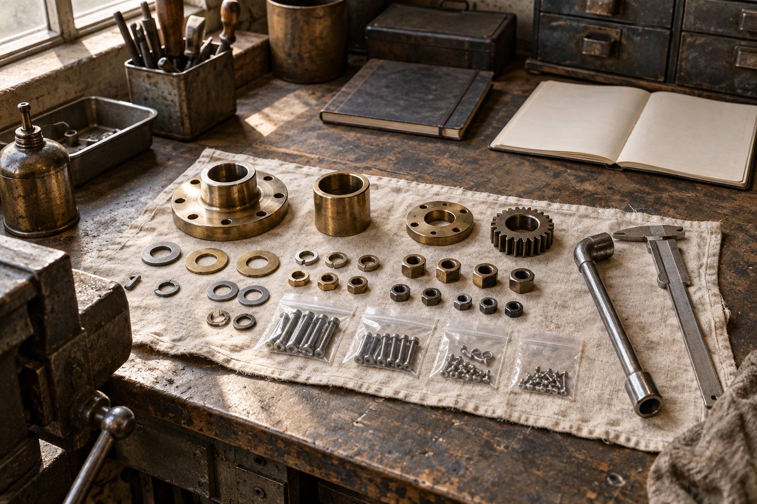 Pieces metalliques et visserie alignees sur un etabli de mecanicien