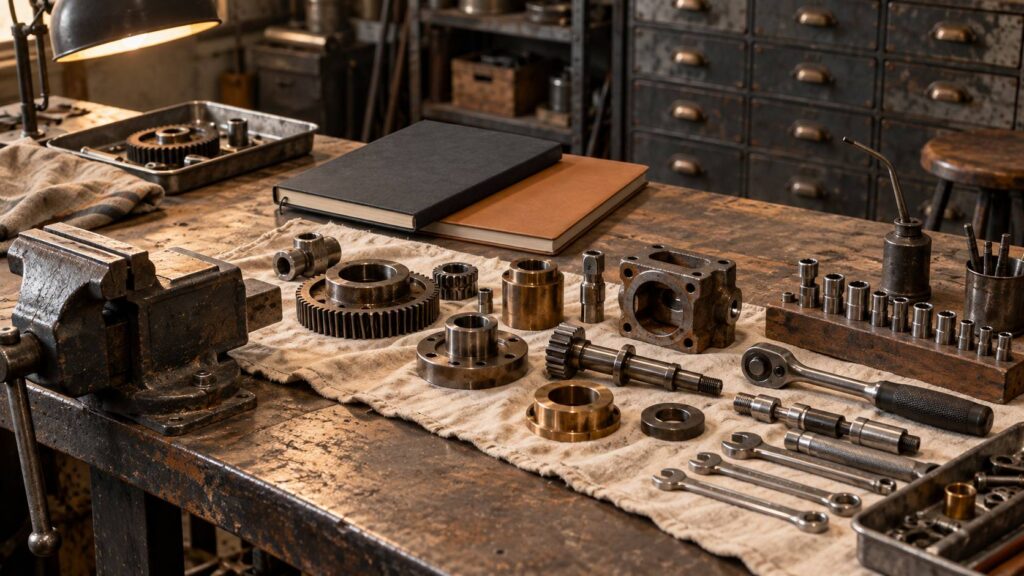 Pièces détachées automobiles alignées sur un établi d'atelier avec clés à douille