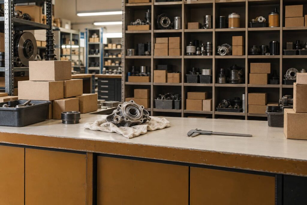 Boites de pieces neutres empilees et piece metallique sur un comptoir de magasin auto