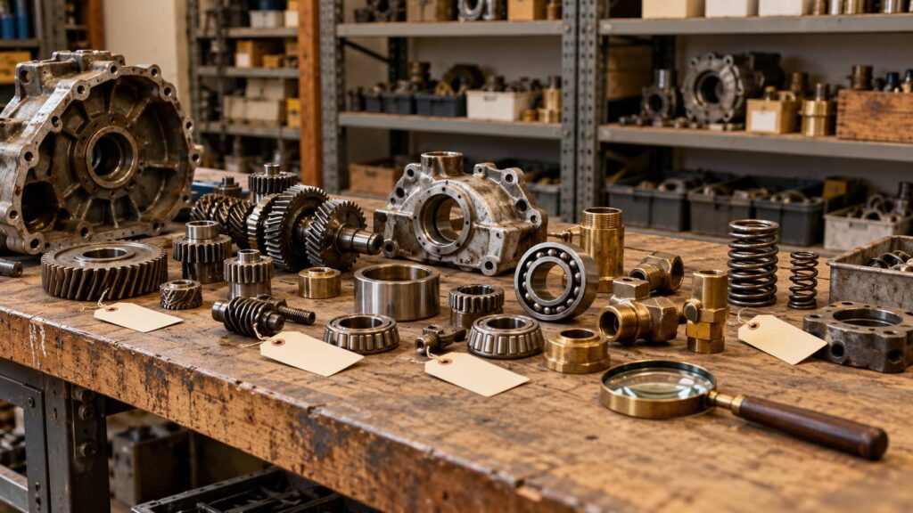 Pieces mecaniques metalliques alignees sur un etabli de magasin