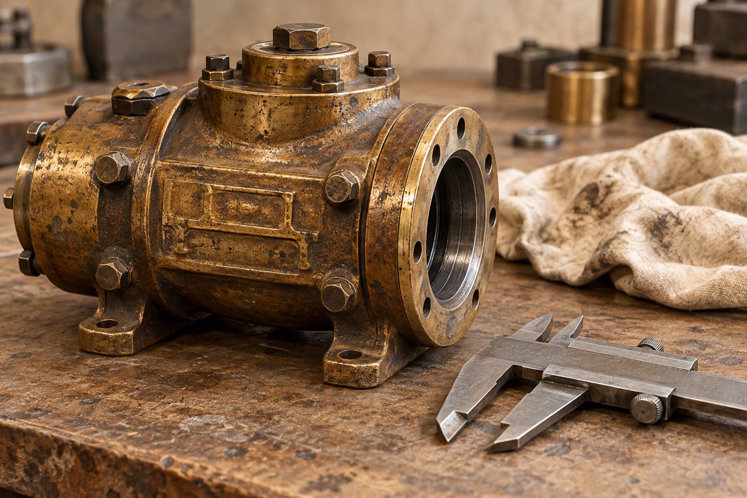 Composant mecanique en metal vu de pres sur un etabli d'atelier