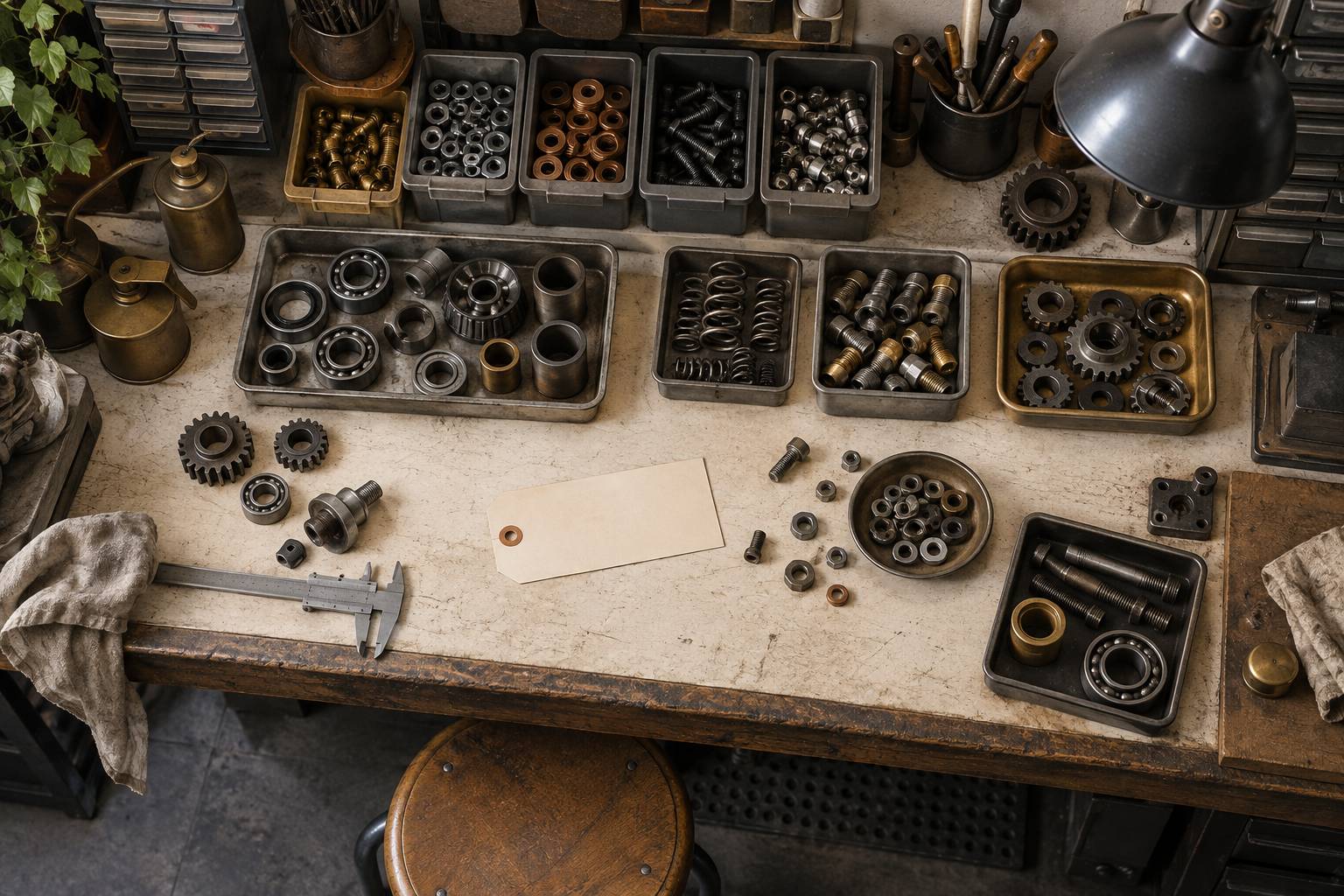 Pieces mecaniques rangees dans des bacs plastiques neutres