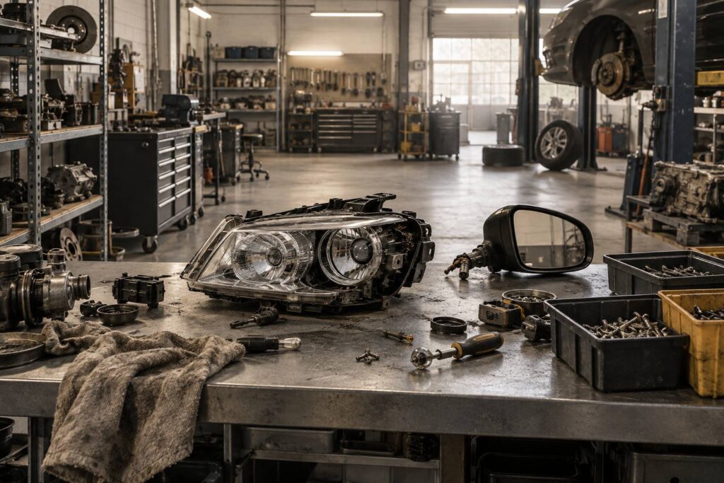 Phare de voiture depose sur un etabli d'atelier de pieces automobiles