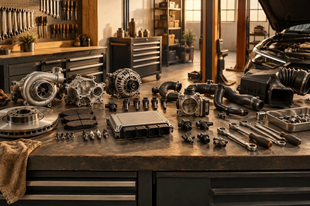 Pièces mécaniques et boîtier électronique alignés sur un établi d'atelier auto