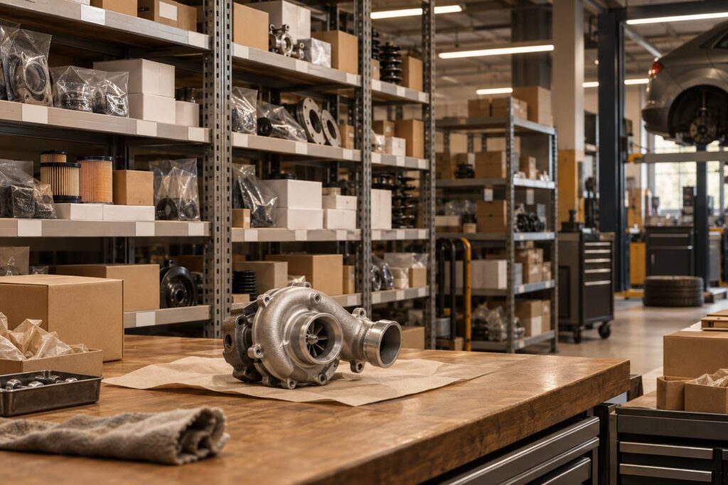 Piece detachee automobile neuve sur l'etabli d'un atelier