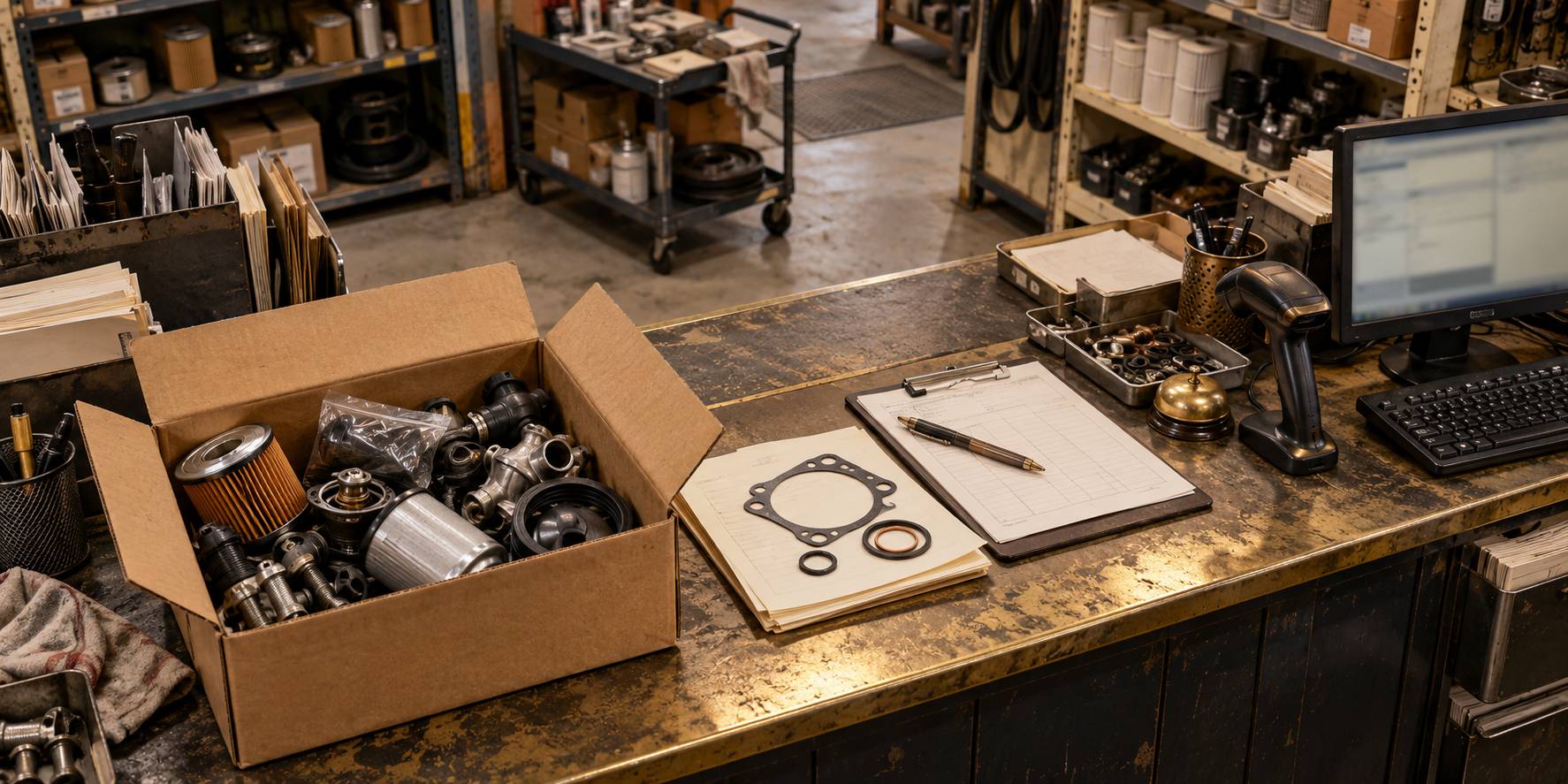 Carton de pieces auto generiques sur un comptoir de magasin