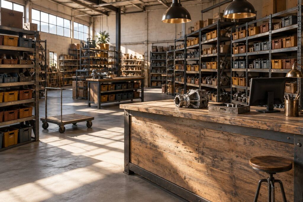 Etagere de pieces detachees et comptoir dans un magasin d'atelier