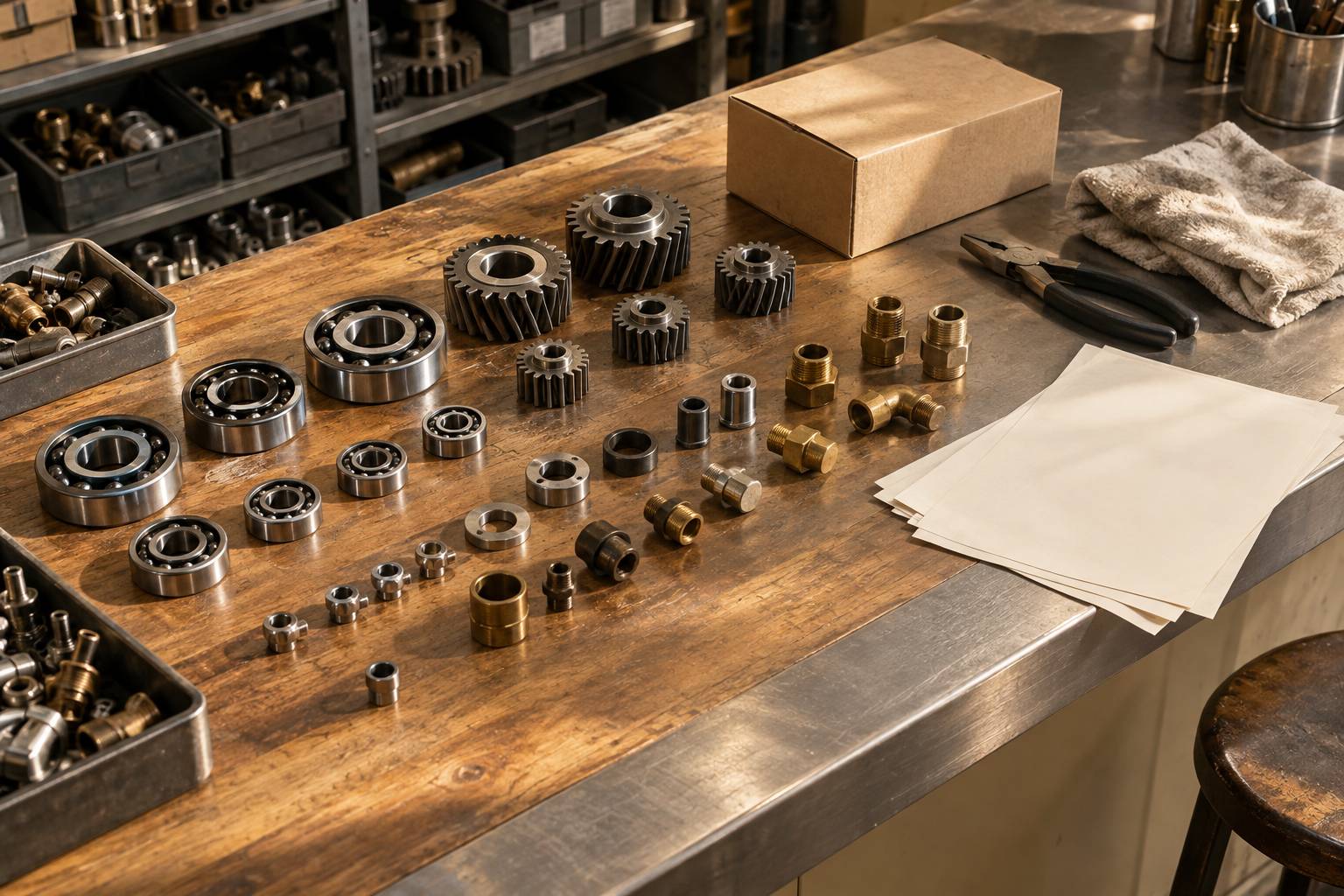Pieces mecaniques neuves alignees sur un comptoir de magasin