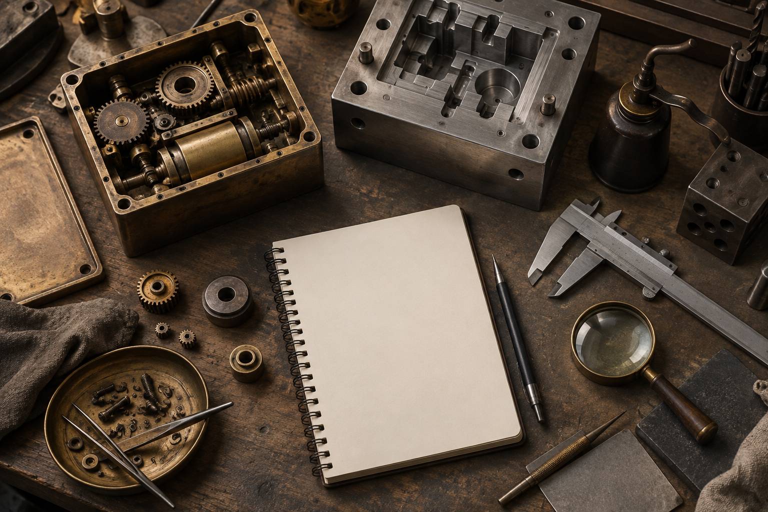 Moule metallique et boitier ouvert sur un plan de travail d'atelier