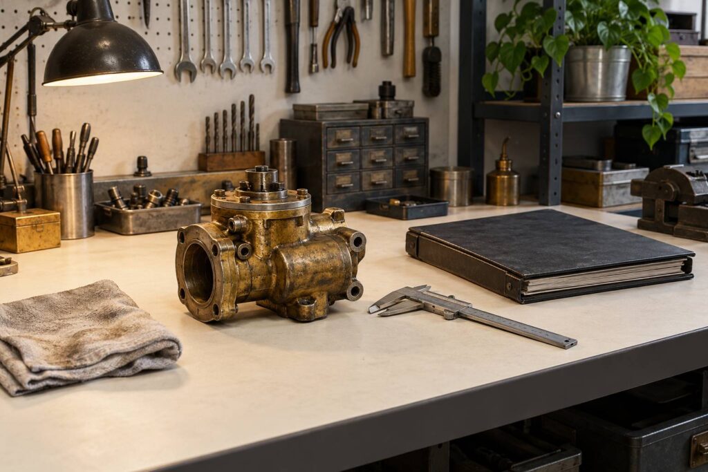 Pièce mécanique générique et classeur technique sur un établi d'atelier