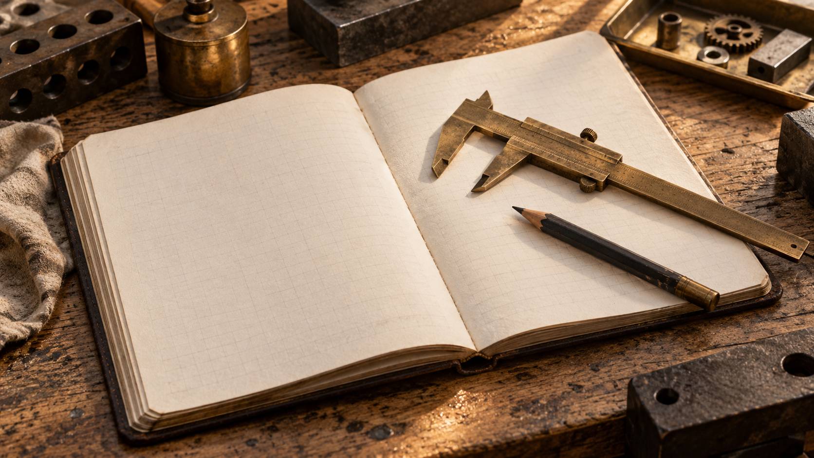 Document technique vierge et pied à coulisse sur un établi