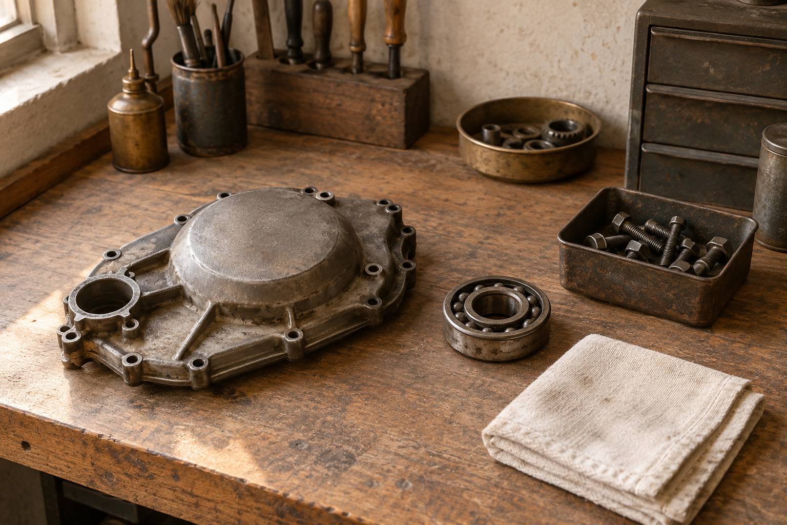 Roulement, vis et pièce détachée sur un établi d'atelier