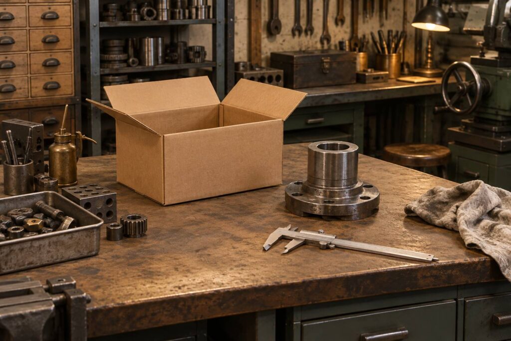 Piece detachee automobile et son carton d'emballage sur un etabli