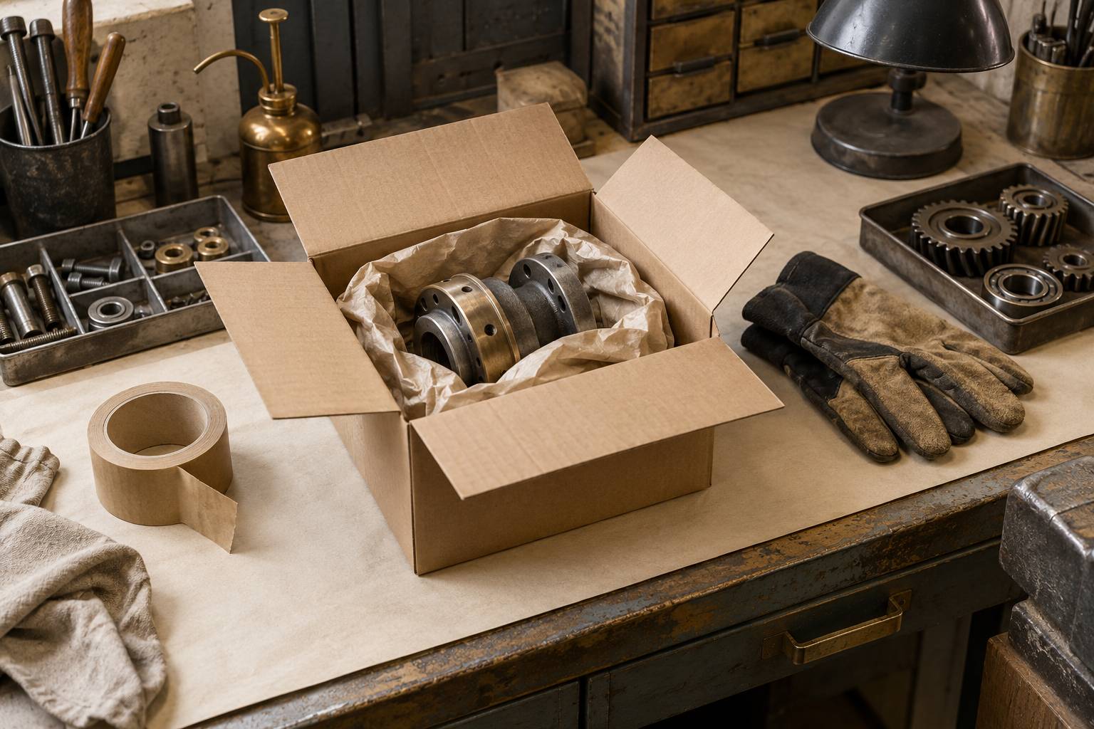 Emballage en carton ouvert avec piece detachee sur un plan d'atelier