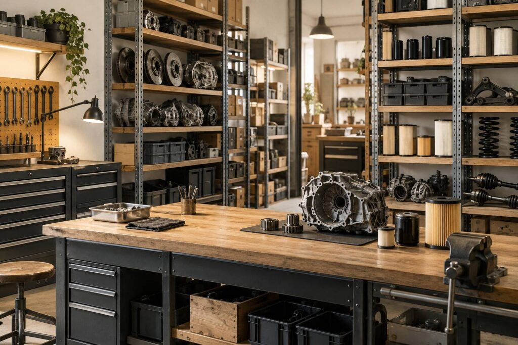 Magasin de pieces detachees automobile avec bacs ranges sur etagere